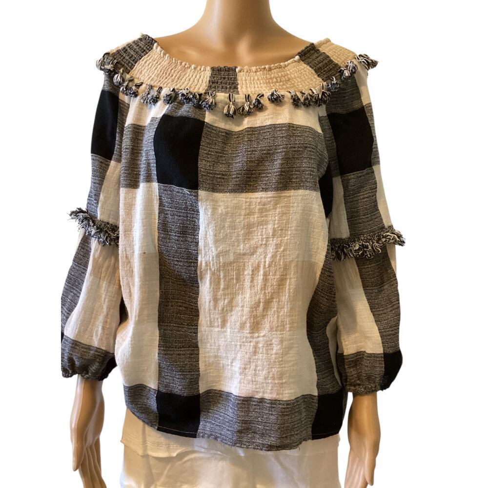 Soft Surroundings‎ Women's Plaid Fringe Tassel Peasant Boho Top women’s sz M